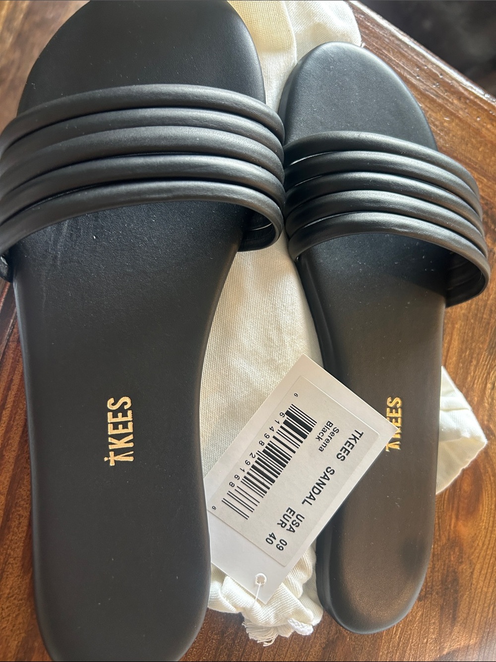 TKEES Black Triple-Strap Slide Sandals with Gold Logo